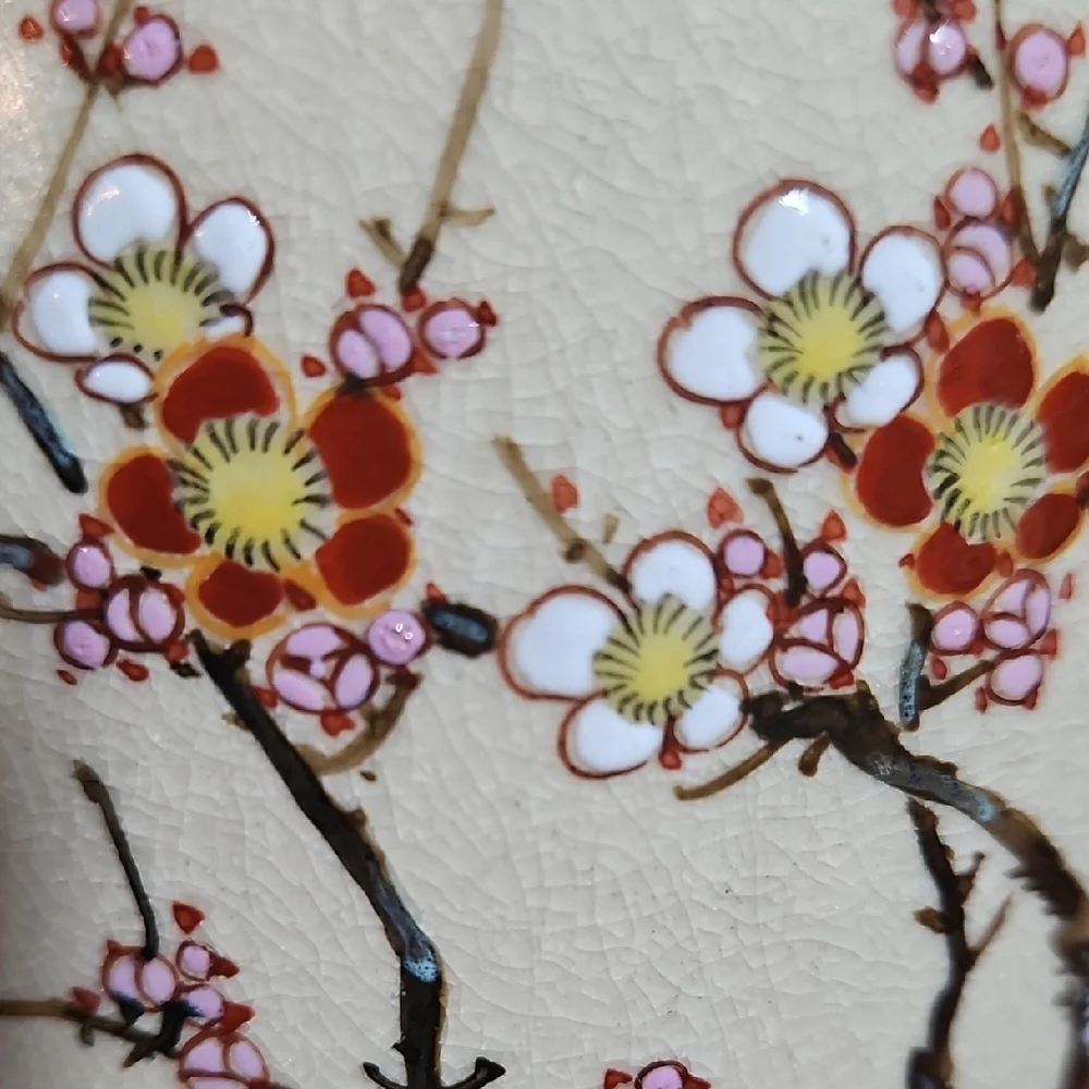 VTG Japanese Shinkozan Satsuma Handpainted Crackle Glaze Vase Birds/Blossoms #2
